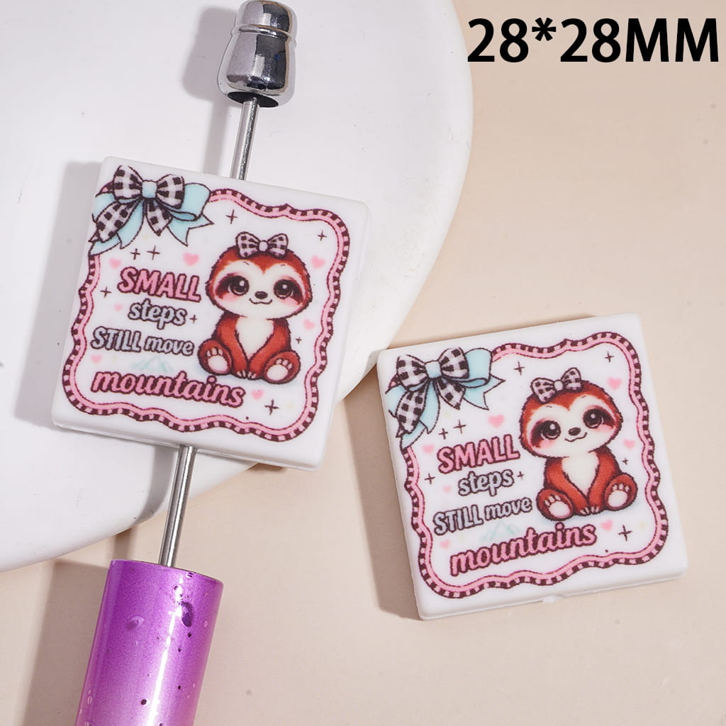Silicone Focal Beads with Text "SMALL steps Still move mountains" and Sloth, Flat Square Shape