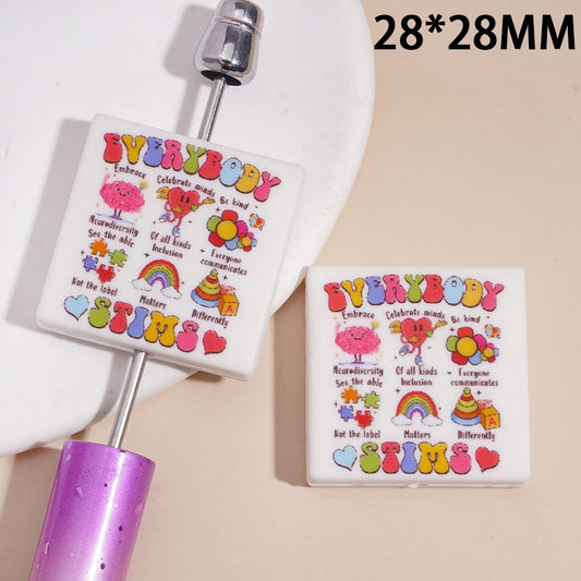 Assorted Prints with Text "EVERYBODY STIMS" Flat Square Shape Silicone Focal Beads