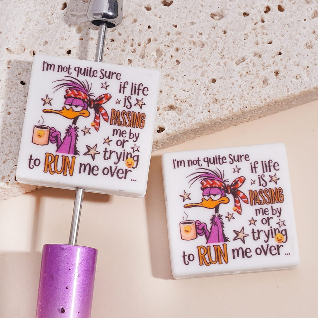 Silicone Focal Beads with Purple Duck Holdin Hot Coffee Cup and Text "I'm not quite sure if life is PASSING me by or trying to RUN me over...", Flat Square Shape