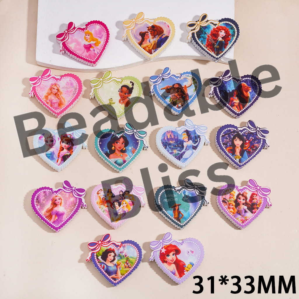 Silicone Focal Beads with Bowknot and Classic Animation Pretty Princesses in Various Style, Flat Heart Shape, Random Mix