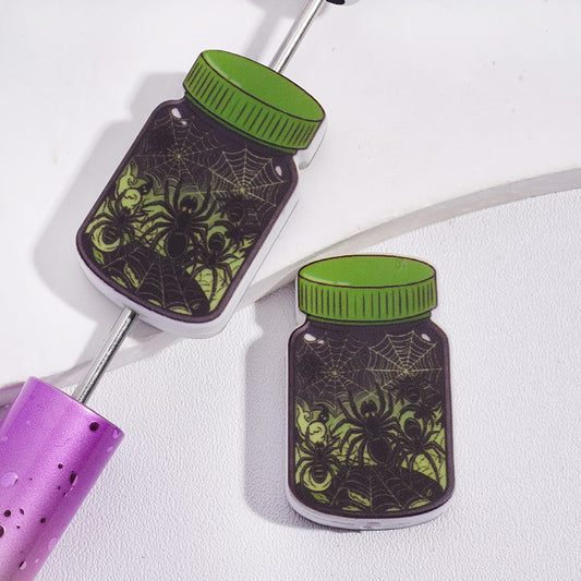 Halloween Horror Jar with Black Spiders & White Web Inside Bottle Silicon Focal Beads