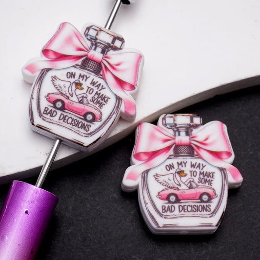 Goose Driving Sports Car with Bow & Text "ON MY WAY TO MAKE SOME BAD DECISIONS", Perfume Bottle Shape Silicone Focal Beads