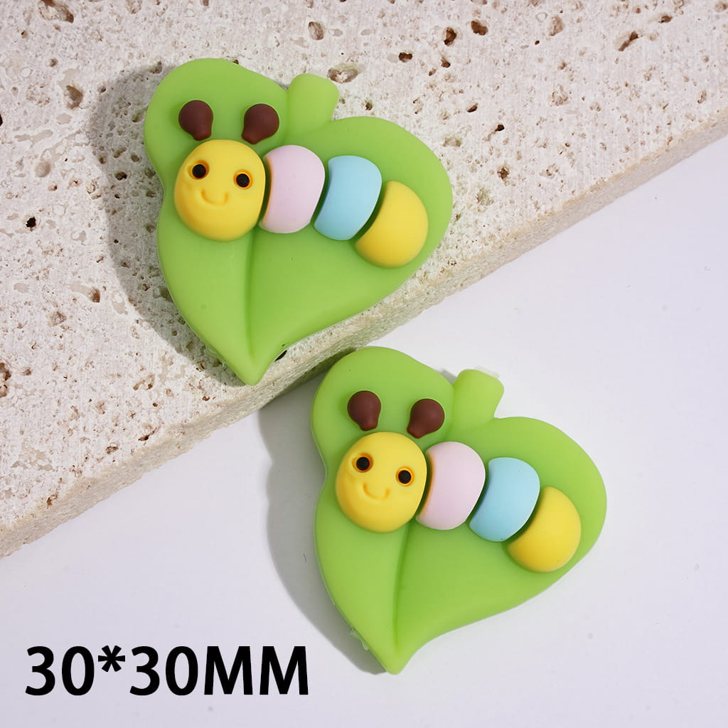 Silicone Focal Beads 3D Green Heart Shaped Leaf with Colorful Worm
