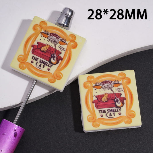 Cute Orange Cat on Red Sofa with Guitar Design, Flat Square Shape Silicone Focal Beads