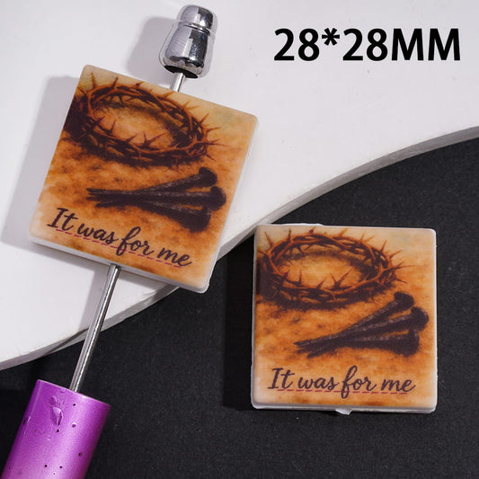 Religious Theme with “It Was For Me” Quote, Crown of Thorns & Nail Design, Flat Square Shape Silicone Focal Beads