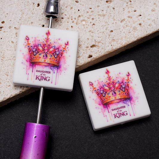 Gold Crown on Pink Splash-Ink Spots Faith Crown with Text "DAUGHTER of the KING" on Flat Square Shape Silicone Focal Beads
