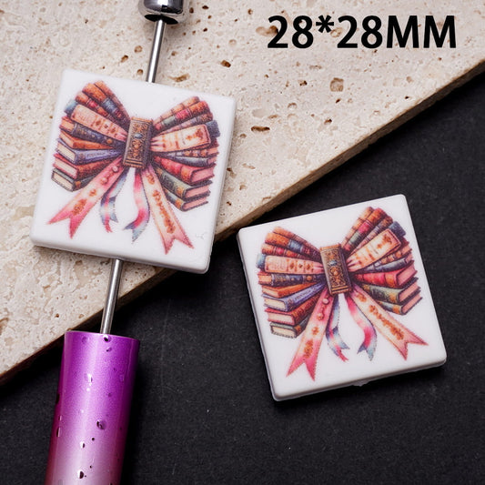 Closed Books Stack Design Books Lover Bowtie Print on Silicone Focal Beads