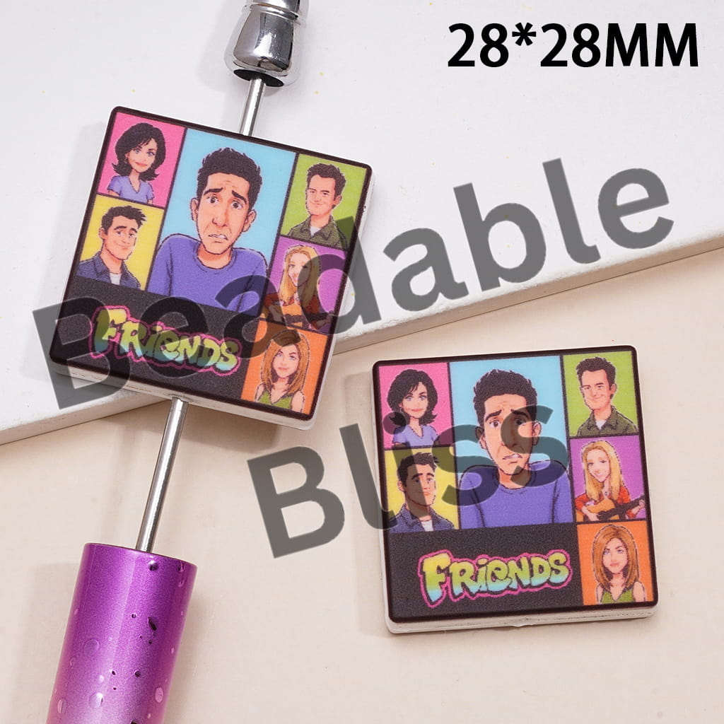 Silicone Focal Beads with American Classic Sitcom Friend Character Patterns, Flat Square Shape