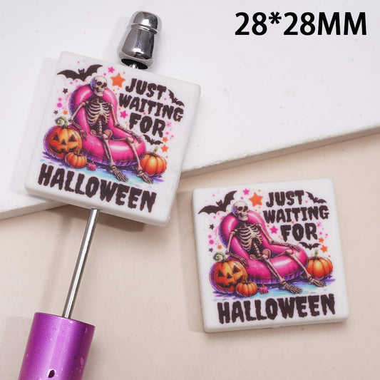 Skull Skeleton on Pink Inflatable Swimming Ring and Text “Just Waiting for Halloween”, Flat Square Shape Silicone Focal Beads