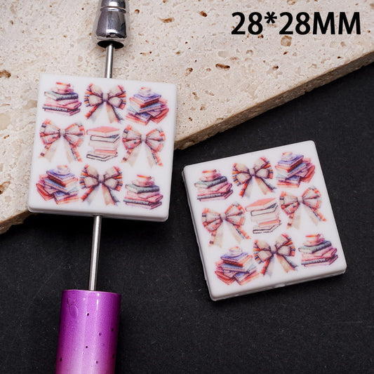 Bowties with Coffee Cup and Colorful Book Prints on Flat Square Shape Silicone Focal Beads