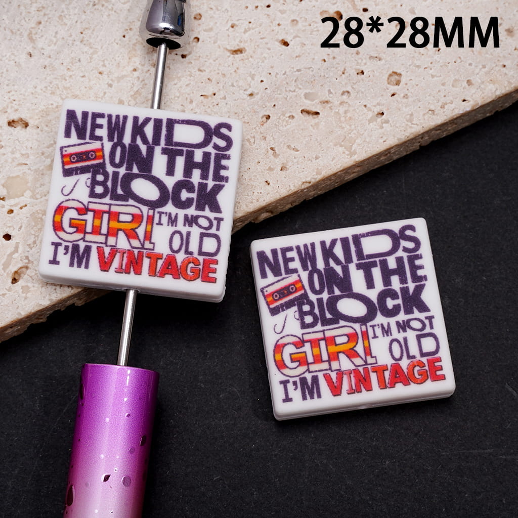 Silicone Focal Beads w Text "NEW KIDS ON THE BLOCK GIRL I'M NOT OLD I'M VINTAGE" and Magnetic Tape Prints, Flat Square Shape