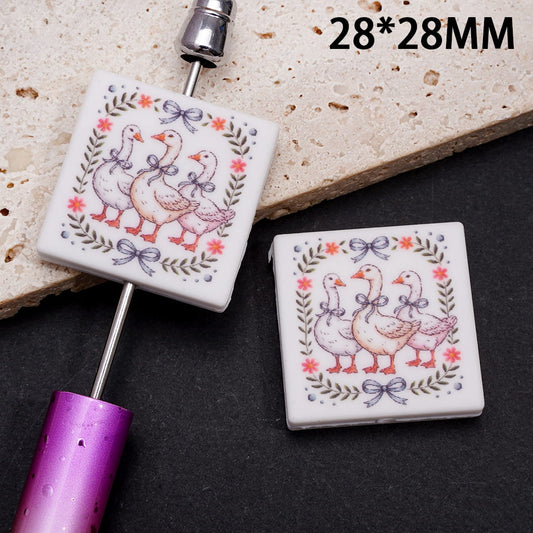 Three Geese Surrounded by Flowers and Leaves Prints on Flat Square Shape Silicone Focal Beads