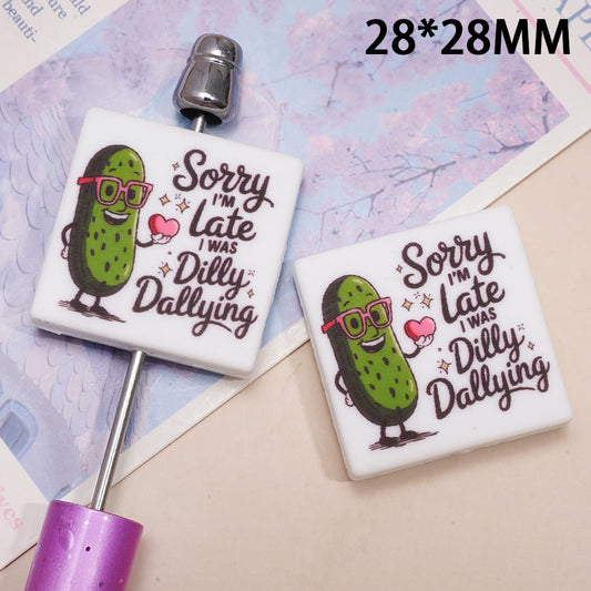 Cucumber with Text “Sorry I’m Late I Was Dilly Dallying” Prints, Flat Square Shape Silicone Focal Beads