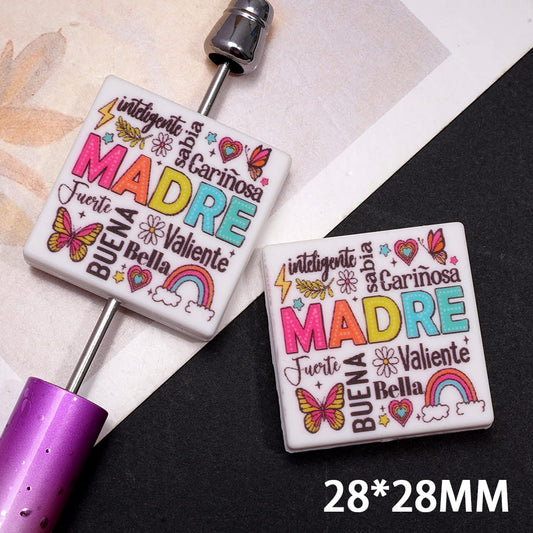 Spanish Mother’s Day Quote “Madre Inteligente, Sabia, Bella, Valiente, Buena” Butterfly Rainbow Design, Flat Square Shape Silicone Focal Beads