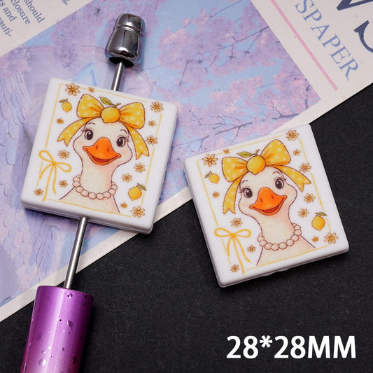Duck Wearing Yellow Bowtie and White Pearl Necklace, Flat Square Shape Silicone Focal Beads