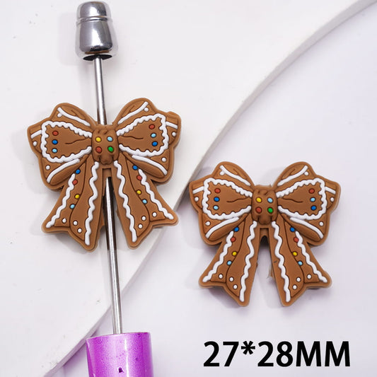 Brown Bowtie with White Line and Multicolor Polka Dots Christmas Theme Silicone Focal Beads
