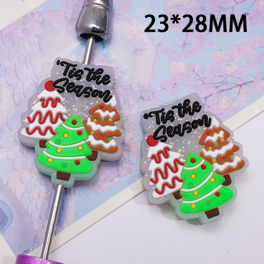 Three Christmas Trees and “Tis the Season” Black Text, Silver Glitter Inside Silicone Focal Beads