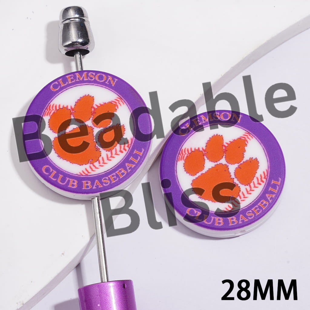 Silicone Focal Beads with USA Baseball University Clemson Paws Prints, Flat Round Shape