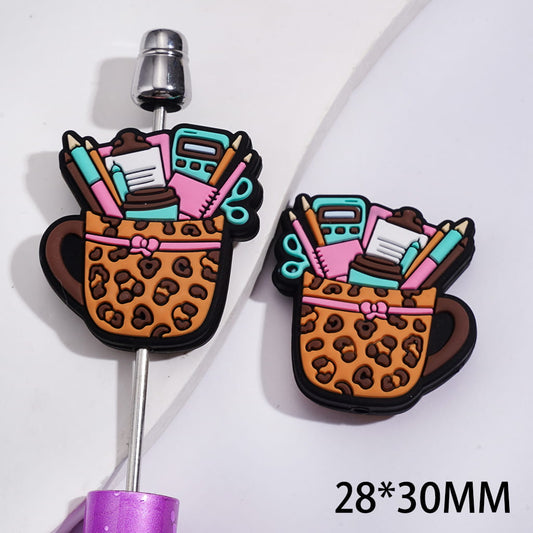 Leopard Print Cute Study & Coffee Cup with Stationery Theme Silicone Focal Bead