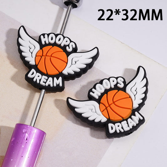 Basketball & White Angel Wings Design with Text "HOOPS & DREAM" Silicone Focal Beads