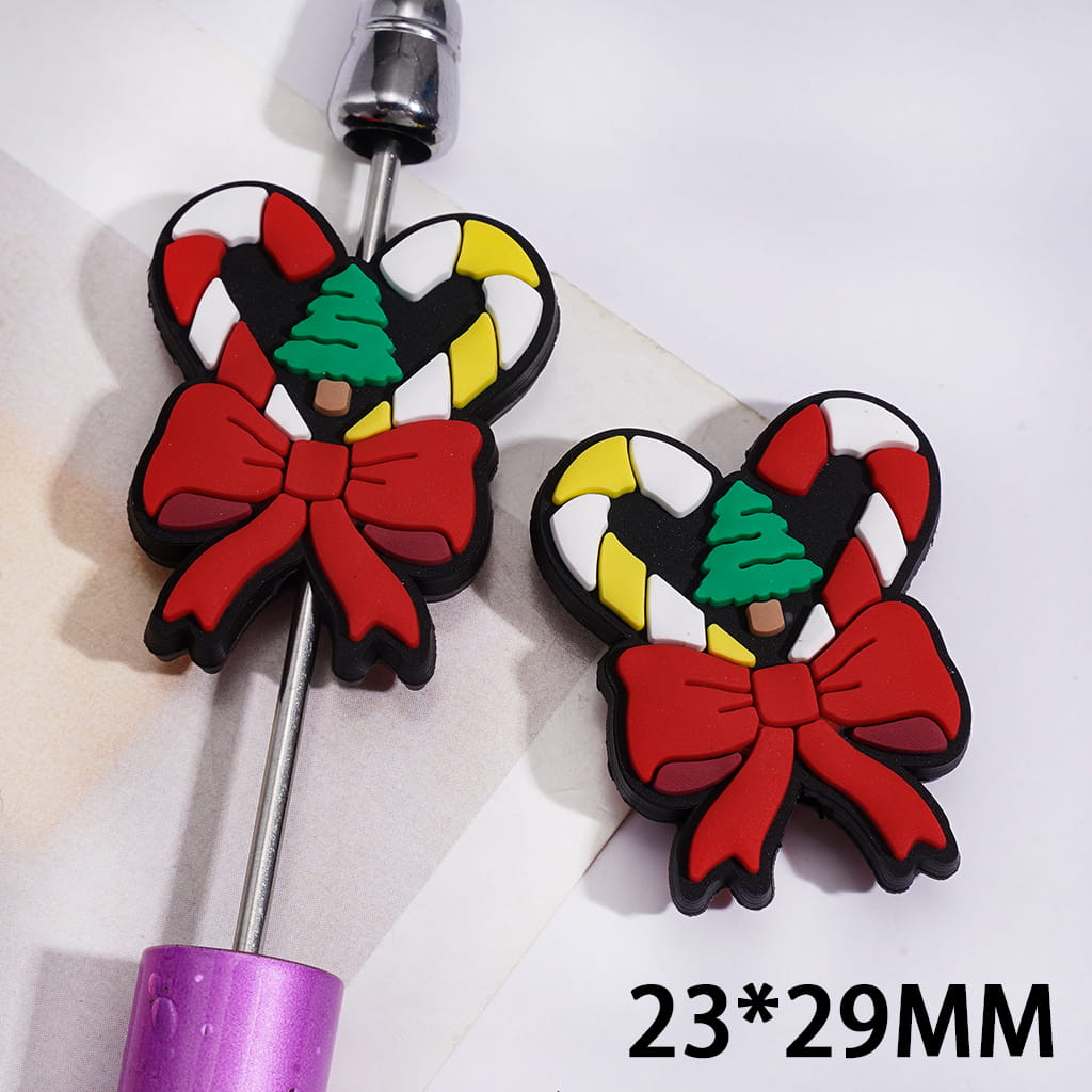 Silicone Focal Beads Heart Shaped Christmas Candy Cane with Red Bowknot and Tree