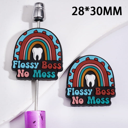 Cute Colorfull Rainbow Tooth with Text "Flossy Boss No Moss" Silicone Focal Beads