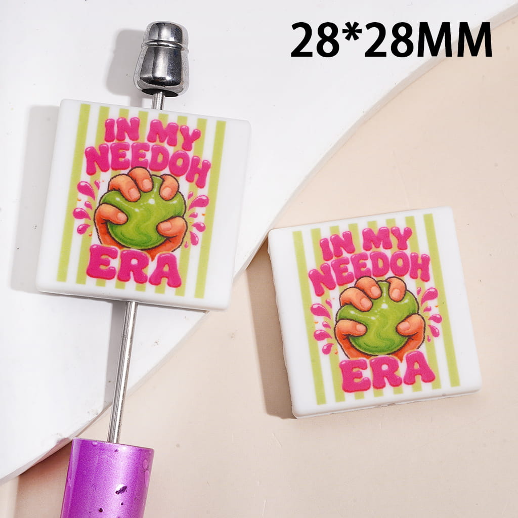 Silicone Focal Beads with Hand Taking Green Vent Ball and Text "IN MY NEEDOH ERA", Flat Square Shape