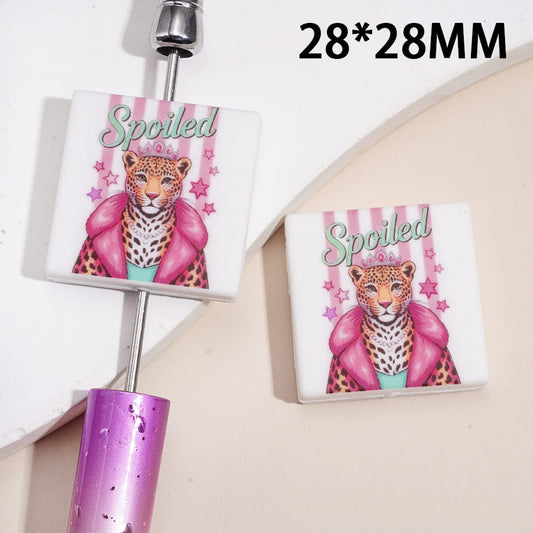Fashionable Cheetah with "Spoiled" Text and Stars Flat Square Shape Silicone Focal Beads