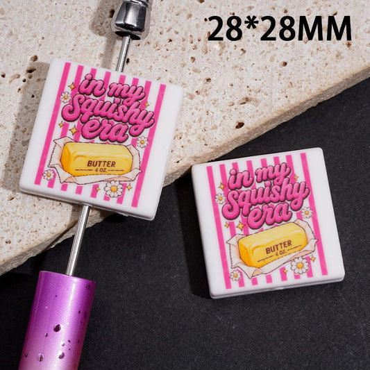 Silicone Focal Beads w BUTTER Flowers and Text "in my squishy era", Flat Square Shape