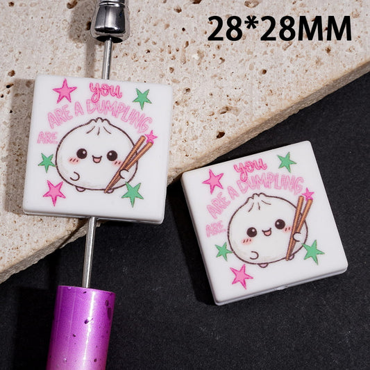 Adorable Dumpling with Chopsticks, Stars & "You're a Dumpling" Text Flat Square Shape Silicone Focal Beads