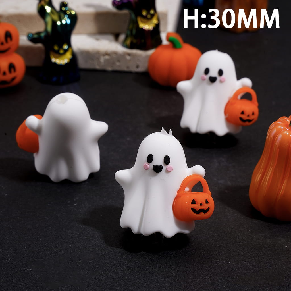 Silicone Focal Beads 3D Halloween Ghost Holding a Pumpkin Basket