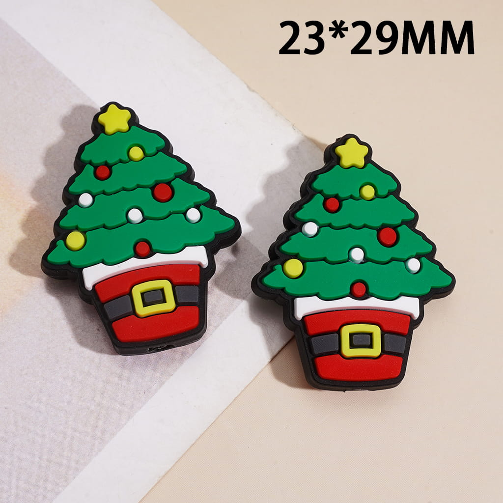 Silicone Focal Beads w Christmas Tree, Red Gift Bucket & Star Topper, 23*29MM