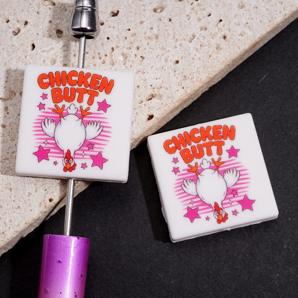Silicone Focal Beads w CHICKEN BUTT Text, Cartoon Upside Down Chicken Design Flat Square Shape