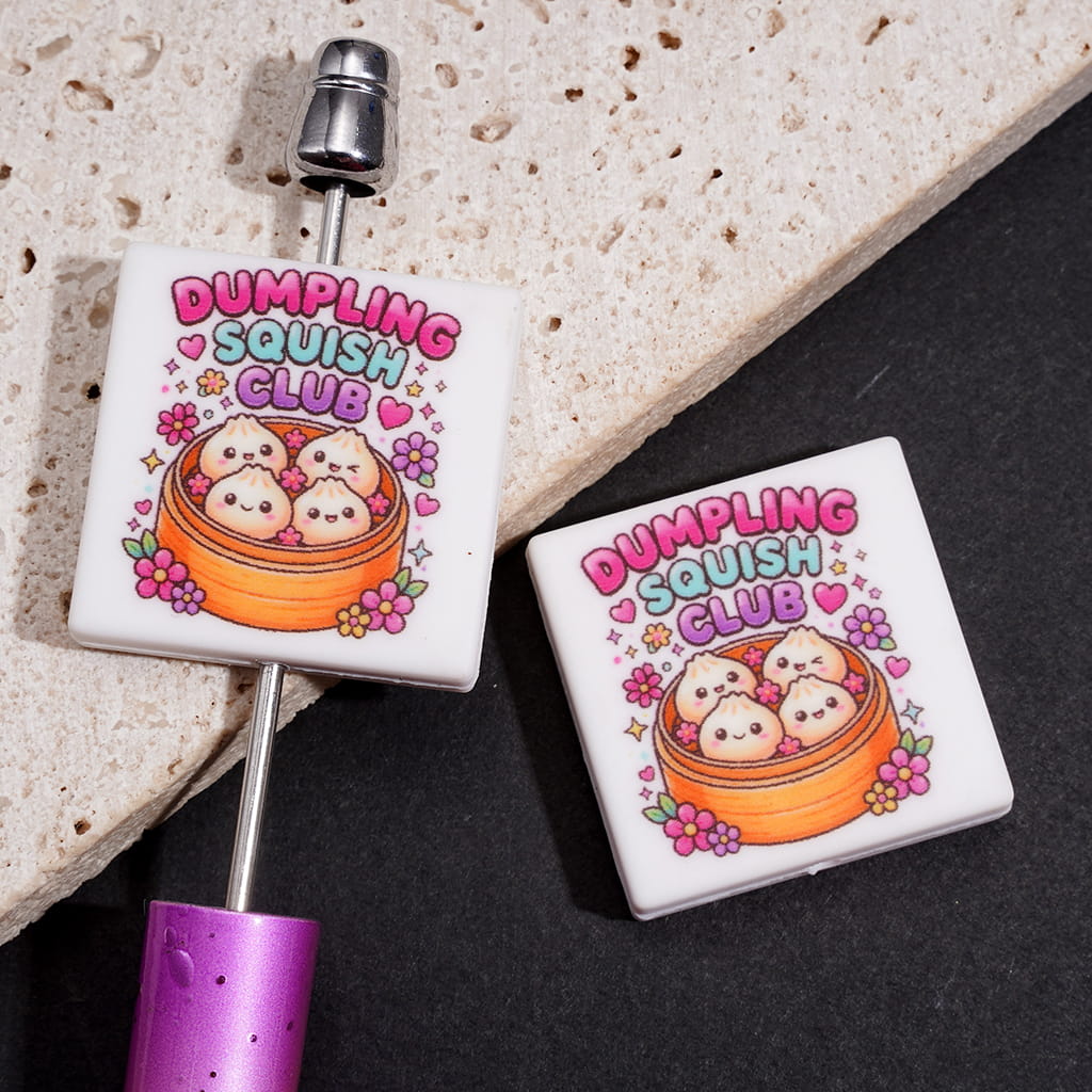 Silicone Focal Beads w "DUMPLING SQUISH CLUB" Text,  Steamed Dumplings in Bamboo Basket, Flat Square Shape