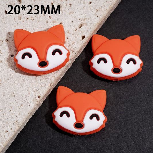 Cute Smiling Orange Fox Head with Closed Eyes Silicone Focal Beads, 20*23MM
