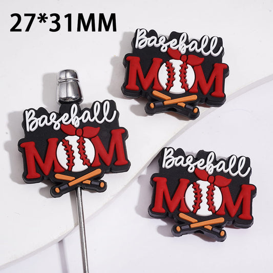 Cute Crossed Bats & Red Bow Design with “Baseball Mom” Text Silicone Focal Bead, 27*31MM