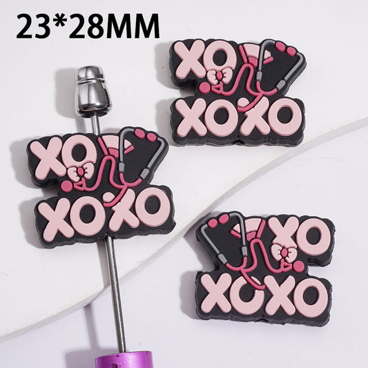 Cute Pink & Black Nurse Stethoscope with "XOXO" text Silicone Focal Beads, 23*28MM