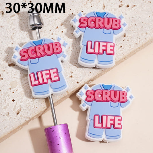 Adorable Medical Scrubs Uniform with "SCRUB LIFE" Text Silicone Focal Beads, 30*30MM