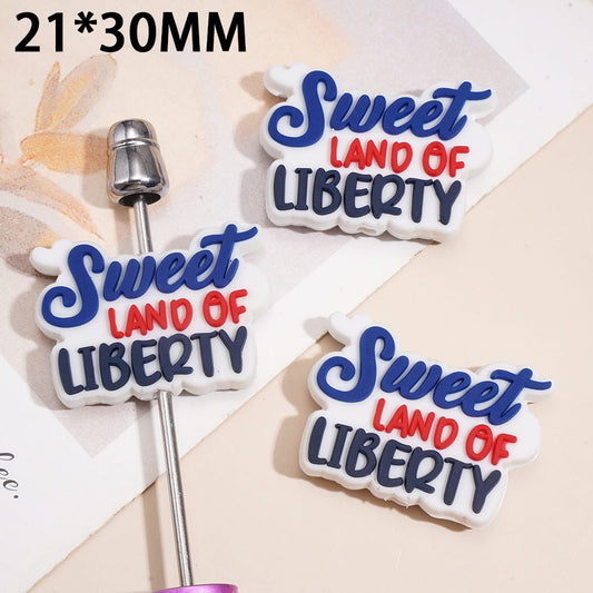 USA Independence Day Silicone Focal Beads with Text “Sweet Land of Liberty” Patriotic Design Theme 21*30MM
