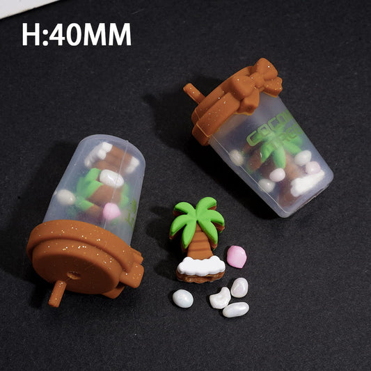 Tropical Coconut Tree & Milk Tea Transparent Cup Shaker Design Silicone Focal Beads Height 40MM