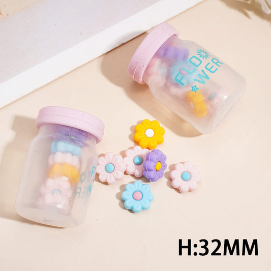 Cute Transparent Mini Bottle with "FLOWER" Printed text & Daisy Flower Inside Shaker Design Silicone Focal Beads, Height 32MM