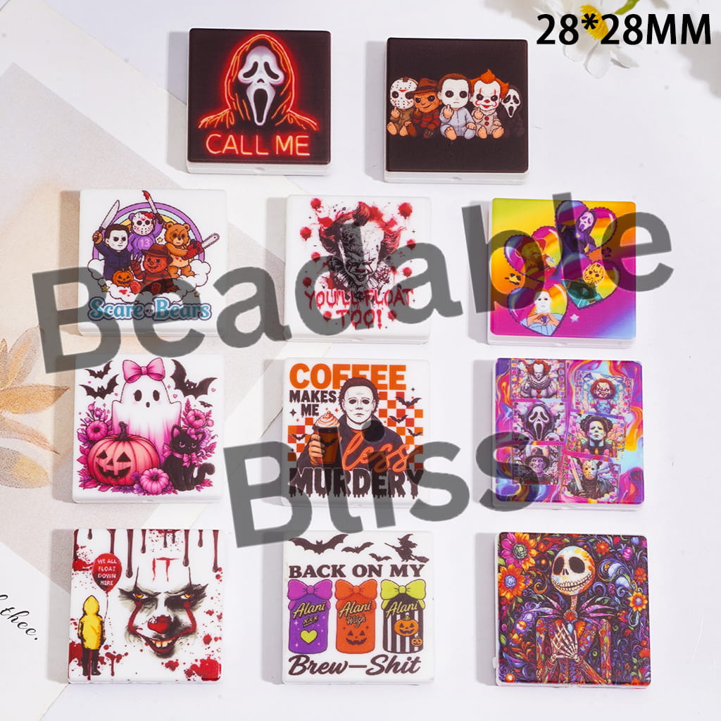 Halloween Ghost Skull Skeleton Horror Character Theme Silicone Focal Beads, Flat Square Shape, Random Mix