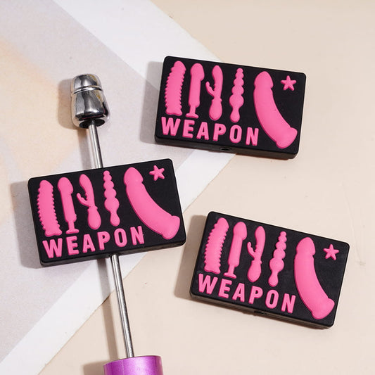 Novelty "WEAPON" Pink Text Printed Rectangle Shape Black Silicone Focal Beads with Adult Toy Icons, Random Mix