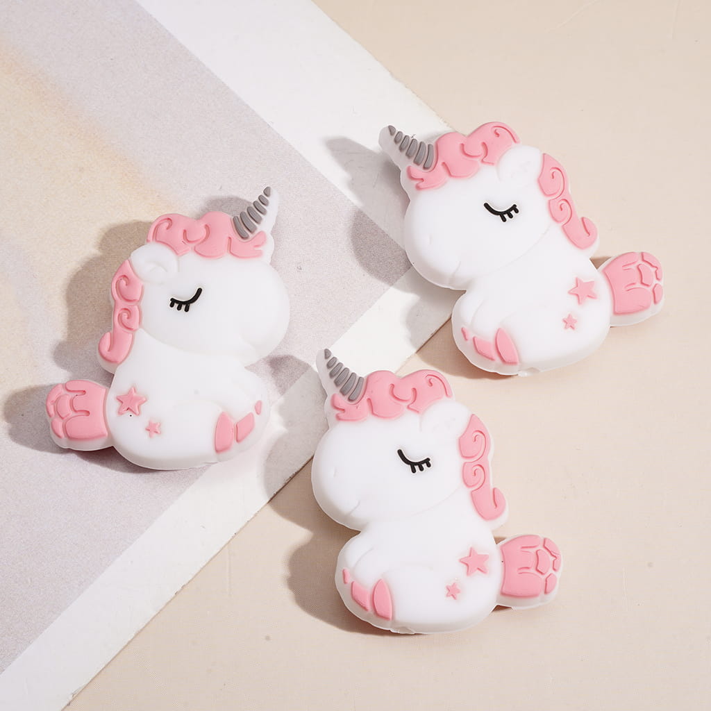 Cute Baby Unicorn Sleeping with Pink Mane & Silver Horn, Silicone Focal Beads, White & Pink Design, Random Mix