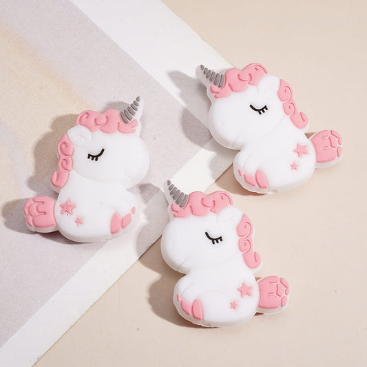 Cute Baby Unicorn Sleeping with Pink Mane & Silver Horn, Silicone Focal Beads, White & Pink Design, Random Mix
