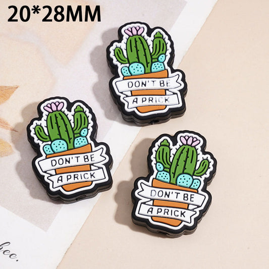 Novelty Cute Cactus Silicone Focal Beads with "DON'T BE A PRICK" Text, 20*28MM, Random Mix