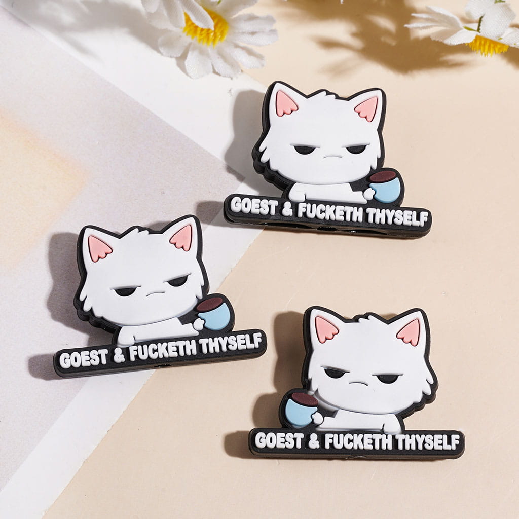 Cute Funny Cat with Drinking Coffee Cup & Text "Goest & Humor Thyself" Silicone Focal Beads