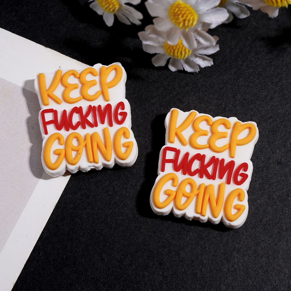 Silicone Focal Beads with Yellow and Red  Text "Keep Humor Going"