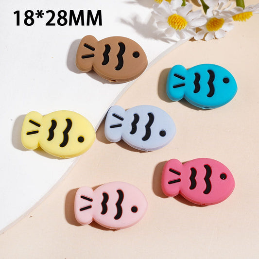 Fish-Shaped Silicone Focal Beads with Black Line Details, 18*28MM, Multi-Color Random Mix