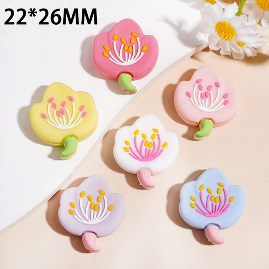Cute Peach Blossom with Pistils & Leaf Silicone Focal Beads, 22*26MM, Multi-Color Random Mix